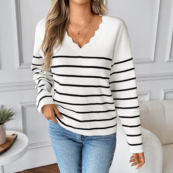 "Women's V-Neck Striped Knit Sweater – Oversized Long Sleeve Casual Pullover (S-L, White)"_voghion.com