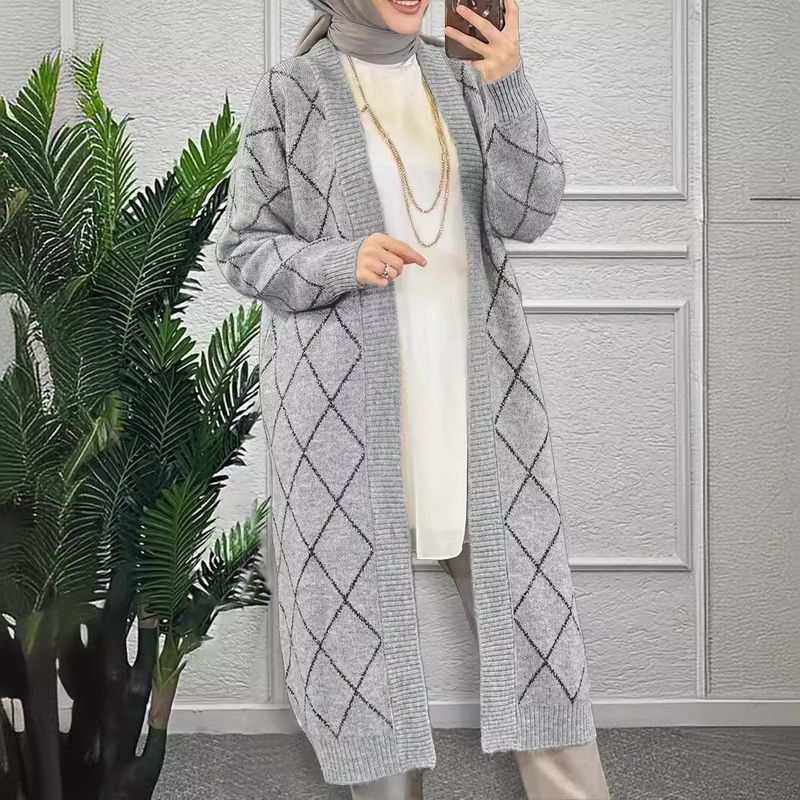 Modest Longline Cardigan For Muslim Women – Elegant Diamond Knit Open Front Cover-Up, Breathable Polyester Blend, Oversized Length (100cm+), Grey/Blue_voghion.com