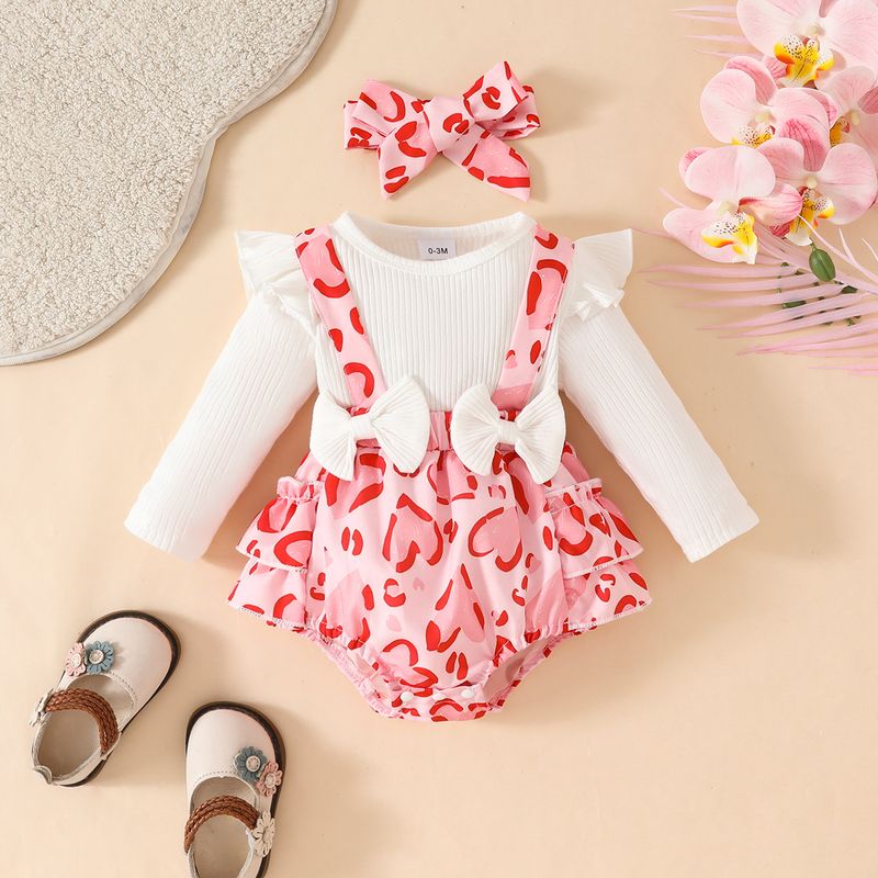 Sweet Baby Girl Long Sleeve Heart Print Romper With Lace & Bow – Soft & Comfortable Infant Bodysuit For Newborn To Toddler (0-18M)_voghion.com