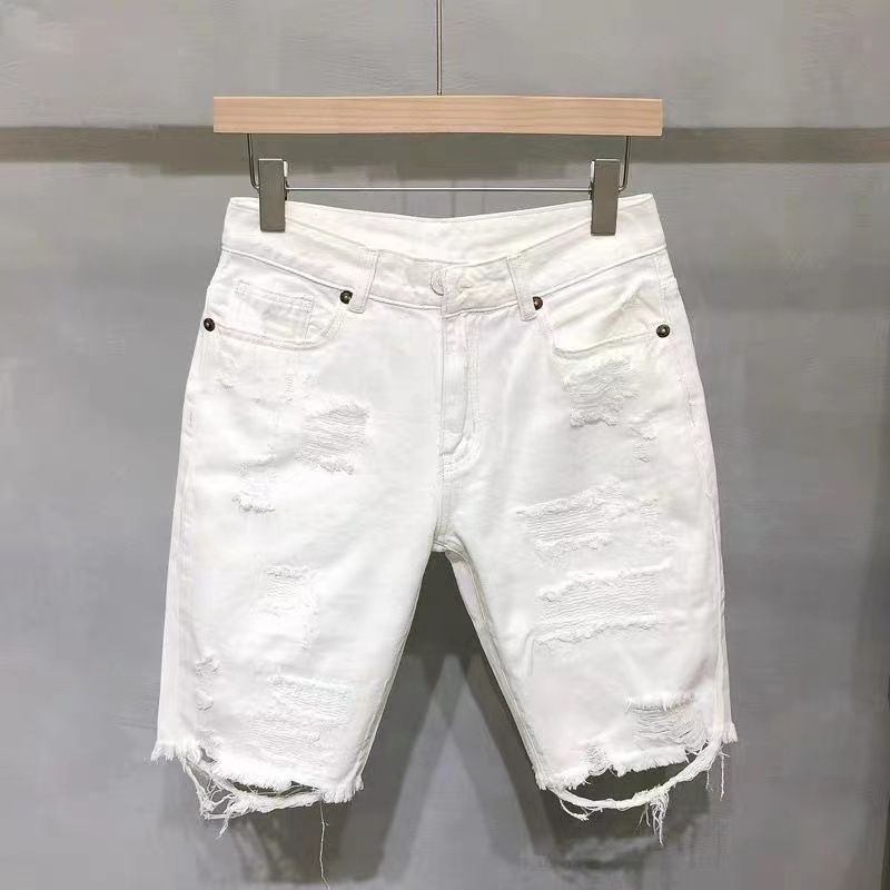 Men's Clothing Ripped Denim Shorts Men's Summer Thin Loose Straight Cat Whisker White Five-point Pants Trendy Brand Mid-length Pants_voghion.com
