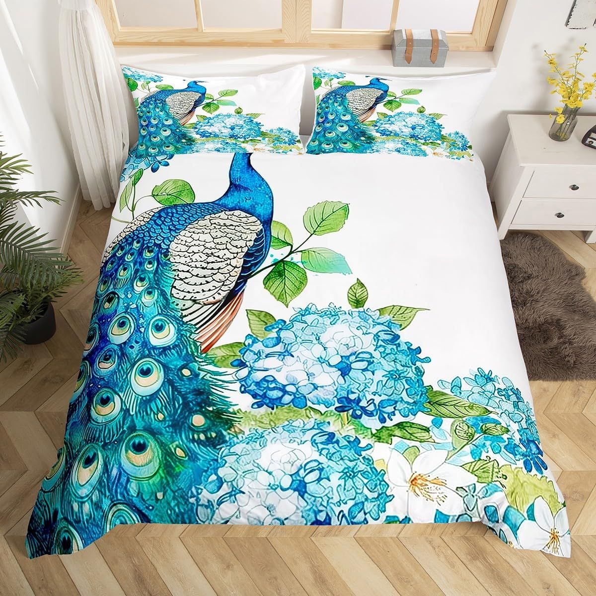 Capa de edredom de pavão para berço para meninos e meninas, capa de edredom com pintura a óleo de pavão, conjunto de cama elegante com pássaros, conjunto de cama com estampa floral e decoração de quarto_voghion.com
