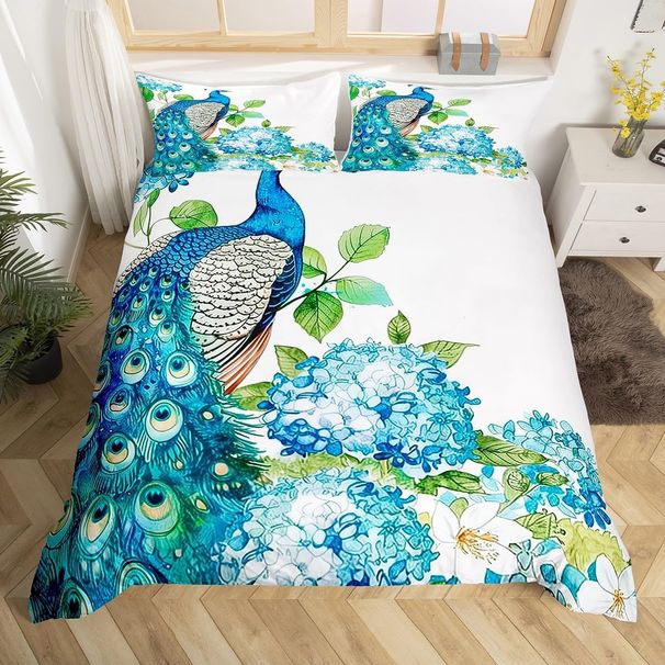 Capa de edredom de pavão para berço para meninos e meninas, capa de edredom com pintura a óleo de pavão, conjunto de cama elegante com pássaros, conjunto de cama com estampa floral e decoração de quarto_voghion.com