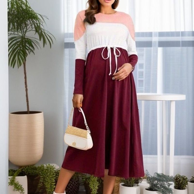 Round necked long sleeved pregnant woman color matching pregnancy gift fashionable dress_voghion.com
