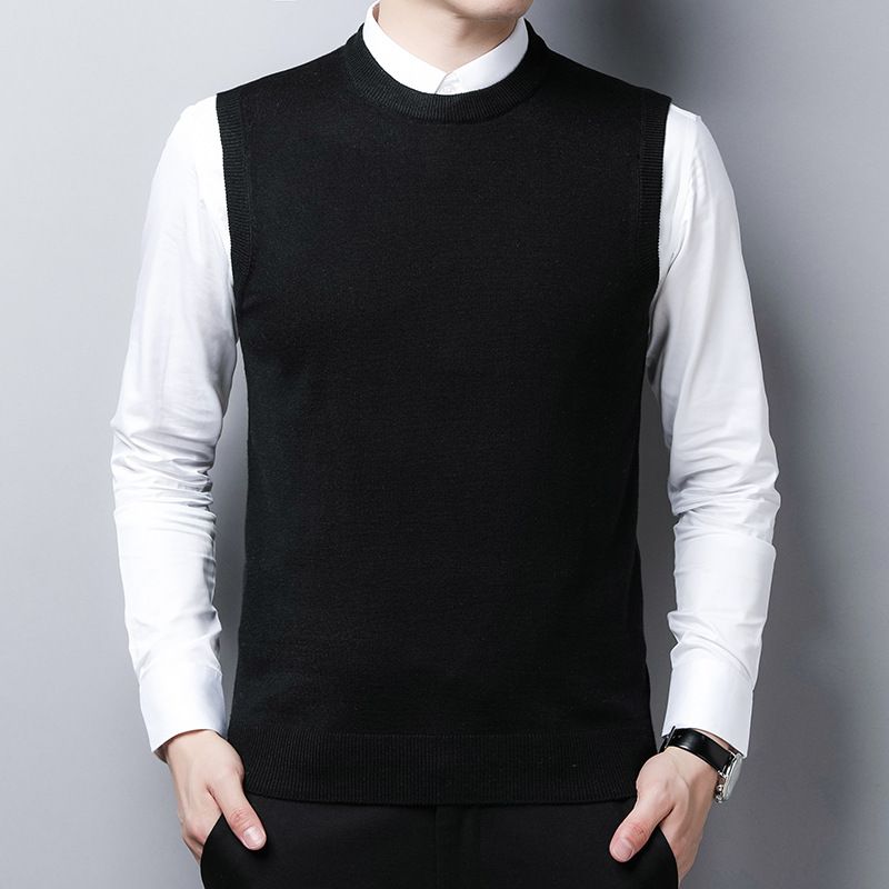 Men's Clothing Wool Vest Men's Middle-aged and Elderly Round Neck Solid Color Knitted Sweater _voghion.com