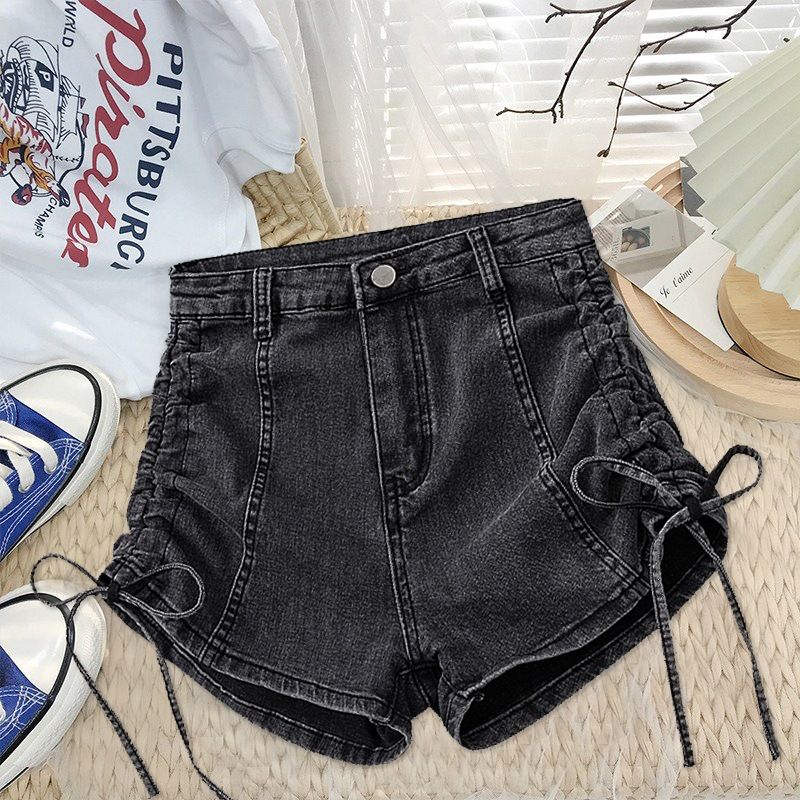 Korean version of 2024 summer new design with drawstring high waisted denim shorts, women's slim fit elastic A-line wide_voghion.com
