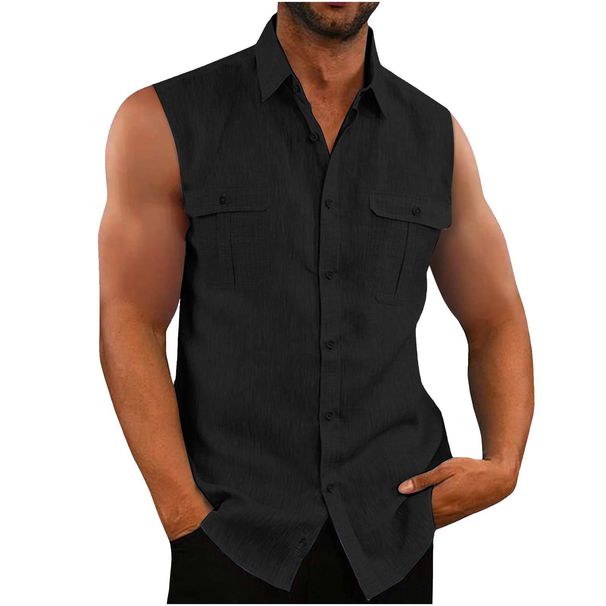 Men's Clothing Men's Shirt Double Pocket Cotton And Linen Sleeveless Shirt Casual Vacation Shirt_voghion.com