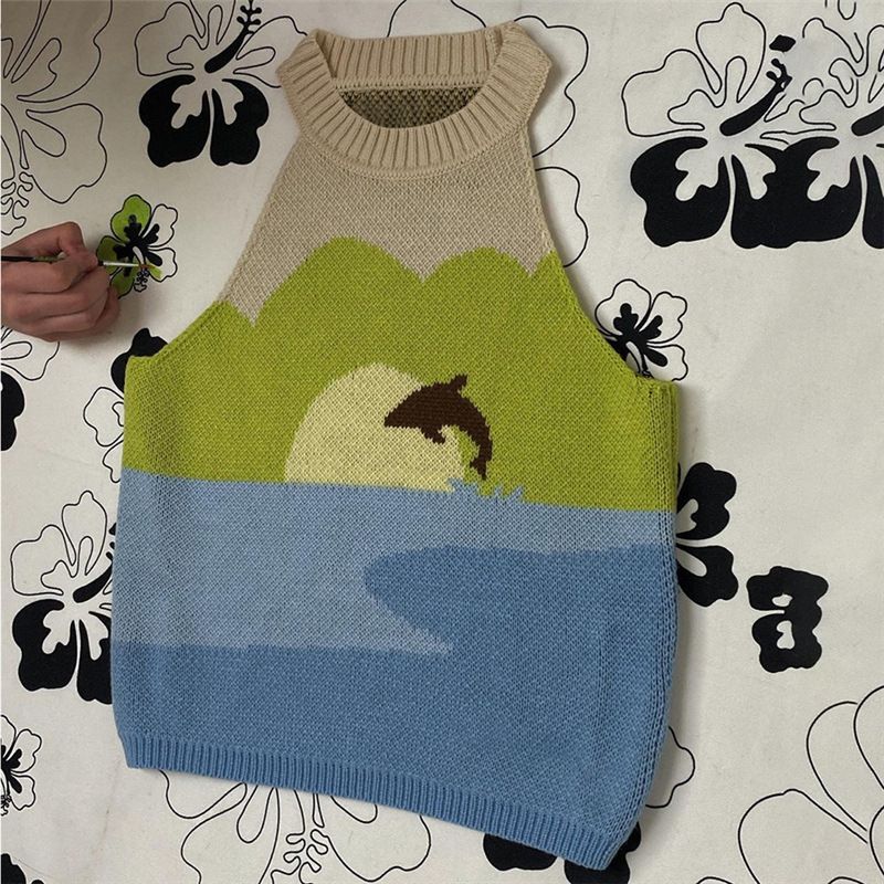 Gilet col rond sans manches pour femme, pull tricoté, Slim, motif de peinture à l'huile, col rond, nouvelle collection printemps et été_voghion.com