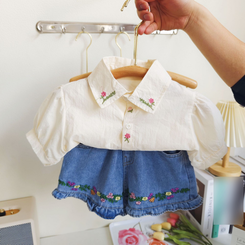 Ensemble deux pièces pour mère et enfant, nouvelle collection été pour fille, jolie chemise brodée à revers et short en jean_voghion.com