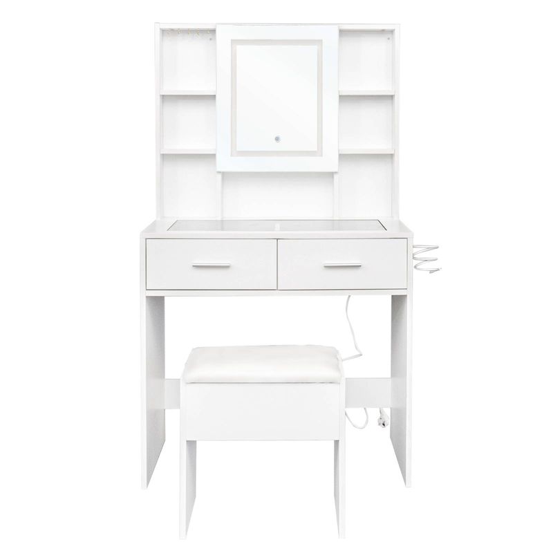 Frisiertisch-Set mit 2 Schubladen und 4 Regalen, LED, dreifarbig, dimmbar, Touch-Spiegel, Steckdose, Frisiertisch, Haartrockner-Basis, Glastisch, Schminktisch_voghion.com