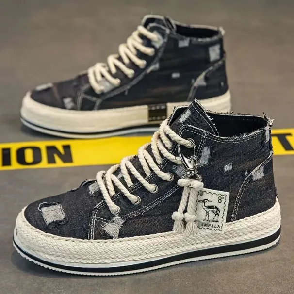 High-Top-Skateschuhe aus Used-Denim mit gutem Grip, atmungsaktive Schnürschuhe, Herrenschuhe, inspiriert von Espadrilles_voghion.com