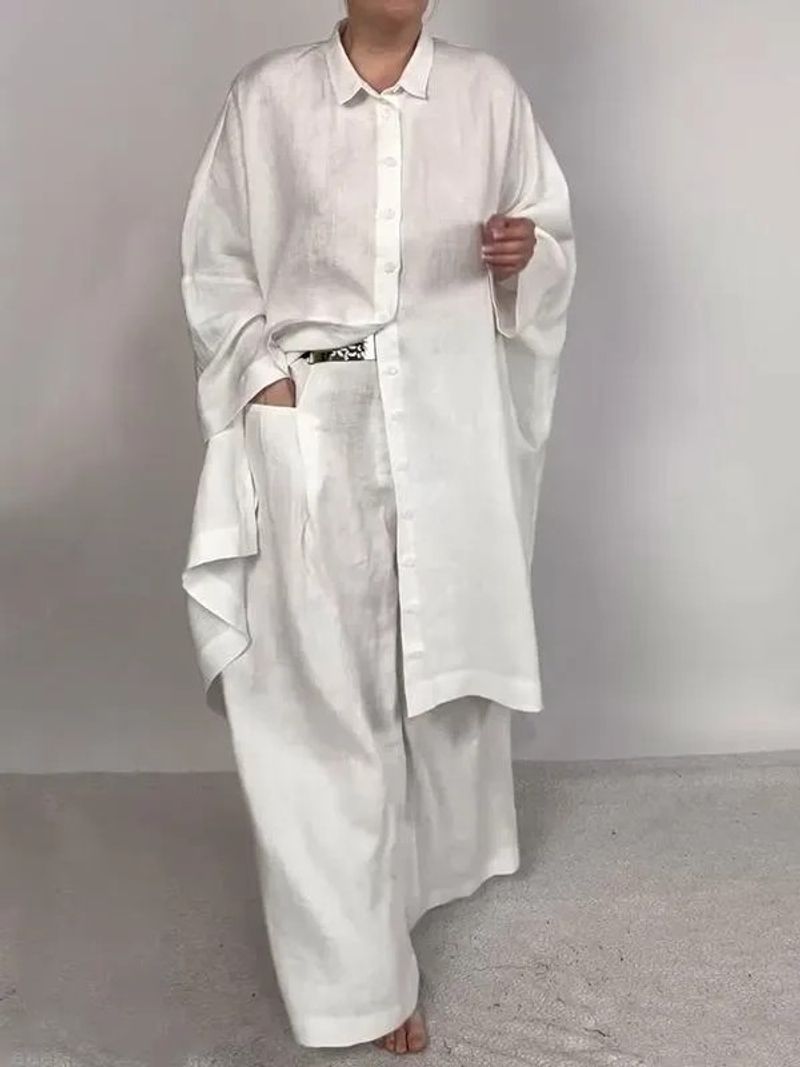 Women's Clothing Casual Loose Solid Color Shirt Suit Wide Leg Pants Two piece Set_voghion.com