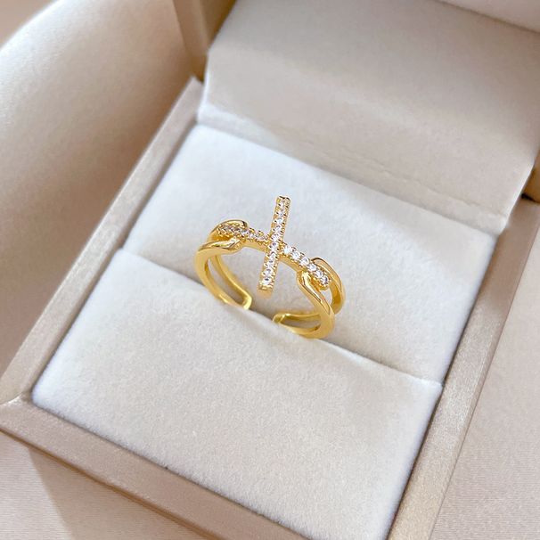 【 Real Gold Plating 】 Open Cross Women's Fashion Micro Inlay Light Luxury Finger Ring, Index Finger Ring, Netting Red,_voghion.com