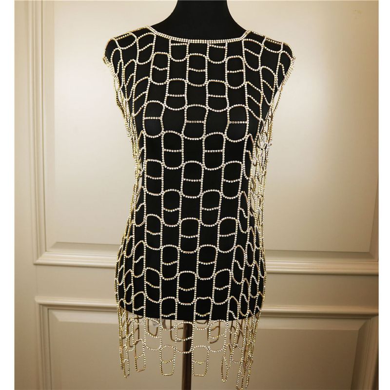 Rhinestone hollow out long dress sexy rhinestone body bra underwear integrated chain evening runway set_voghion.com