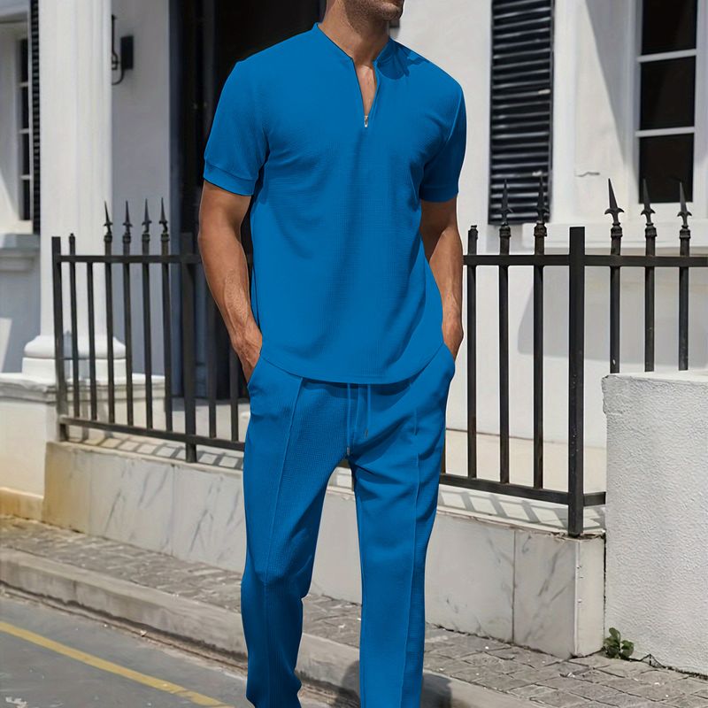 Ensemble homme en tricot gaufré à manches courtes et pantalon long zippé – Tenue décontractée légère et respirante pour l'été, le printemps et l'automne (noir/blanc/gris/bleu/kaki)_voghion.com