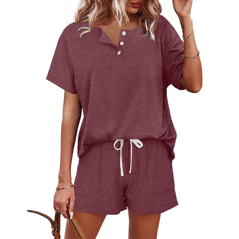 ​​Women's Casual Short Sleeve Shorts Set - Solid Color Pocket Drawstring Button-Up Sporty Outfit​​_voghion.com
