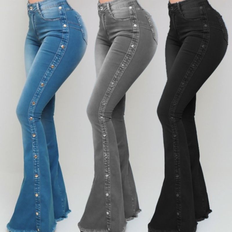 High waist elastic mop flared jeans ladies trousers_voghion.com