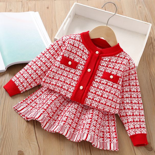 Girls' Sweater Set Foreign Style Small Fragrance Children's Clothing Red Knit Children Fashion Two-piece Set_voghion.com