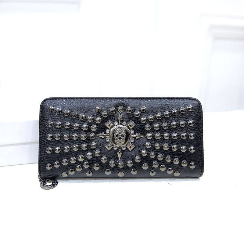 Punk Rivet Skull Long Women's Wallet Large Capacity Zero Wallet Multi Card Handheld Bag Wallet_voghion.com