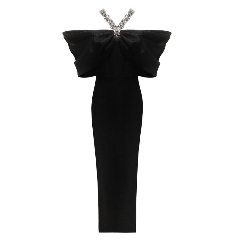 Women's Clothing Heavy Diamond Halter Dress Summer Temperament Bandage Black Dress_voghion.com