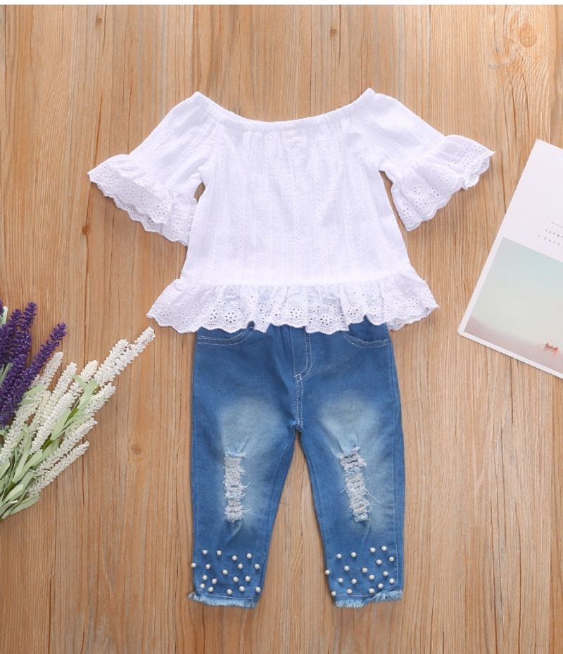 Dívčí kostýmek Mother&Kids Dětská krajka s krajkou na ramenou Džínové kalhoty_voghion.com