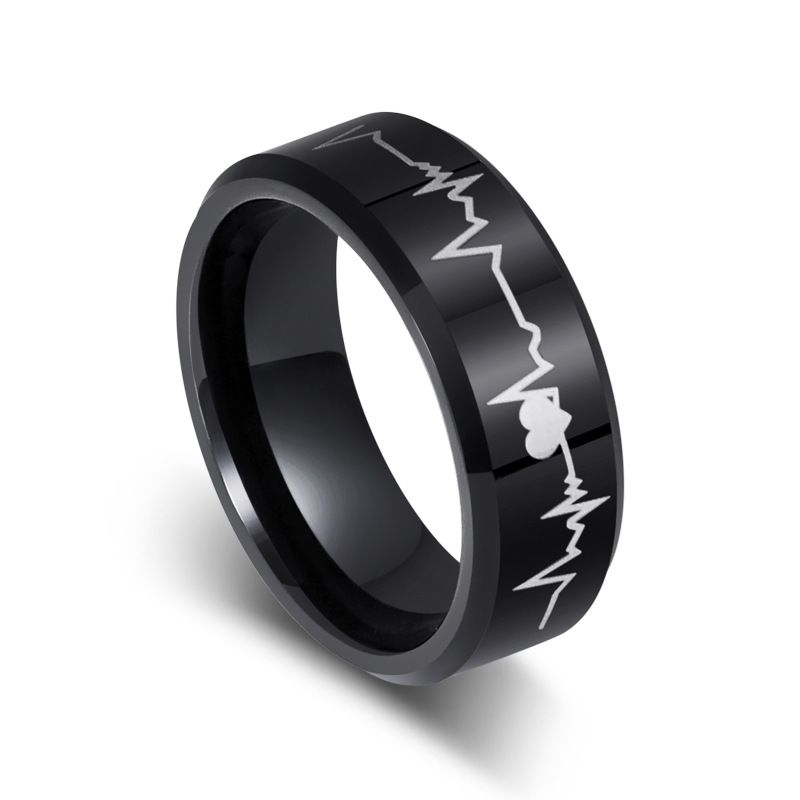 Anello da uomo in carburo di tungsteno - Fede nuziale nera con design ECG, resistente ai graffi e comoda vestibilità, taglie dalla 7 alla 11_voghion.com