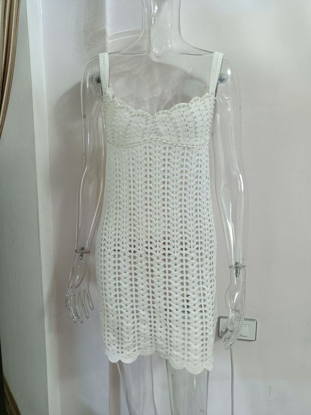 Elegantes V-Ausschnitt-Strickkleid mit Perlentaille und hohlen Strapsen für Damen – Sommermodisches Minikleid mit atmungsaktivem Design (S/M/L)_voghion.com