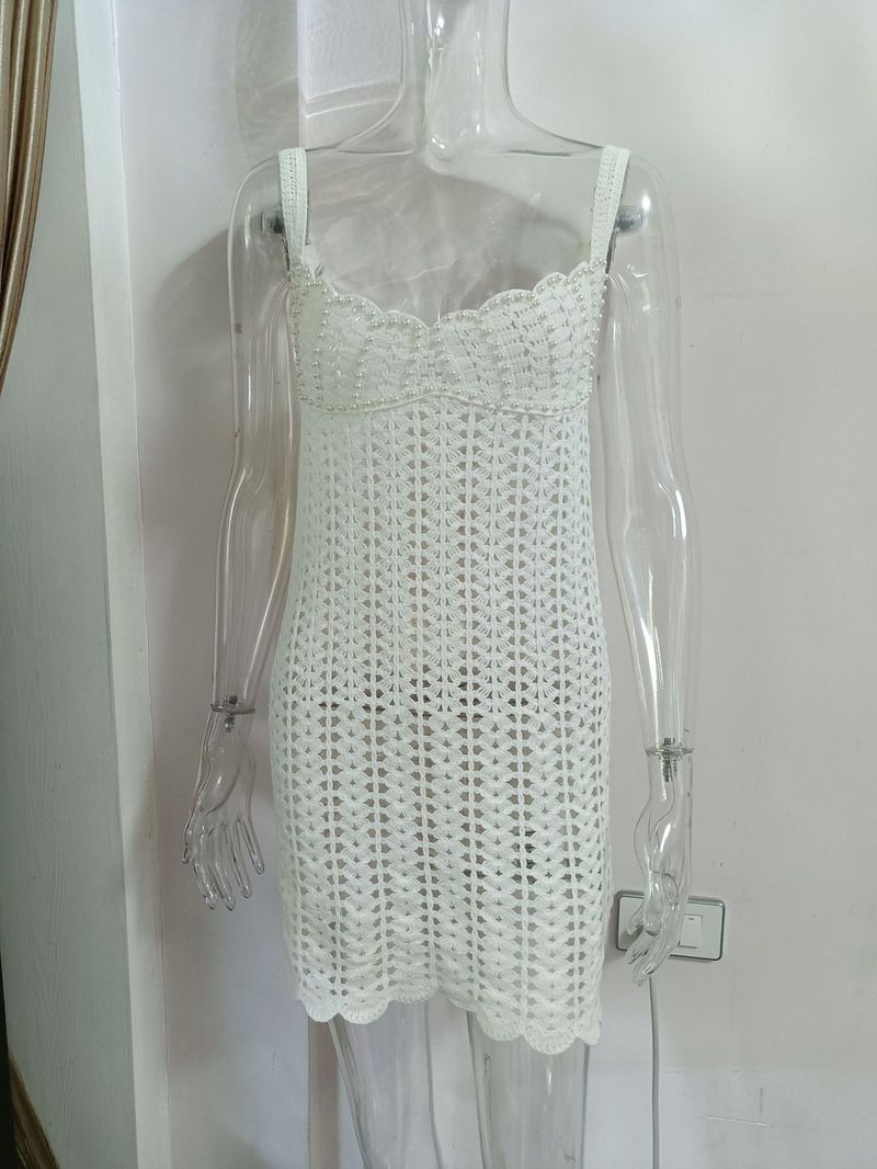 Robe élégante en tricot à col en V et bretelles ajourées pour femme - Mini-robe tendance d'été respirante (S/M/L)_voghion.com