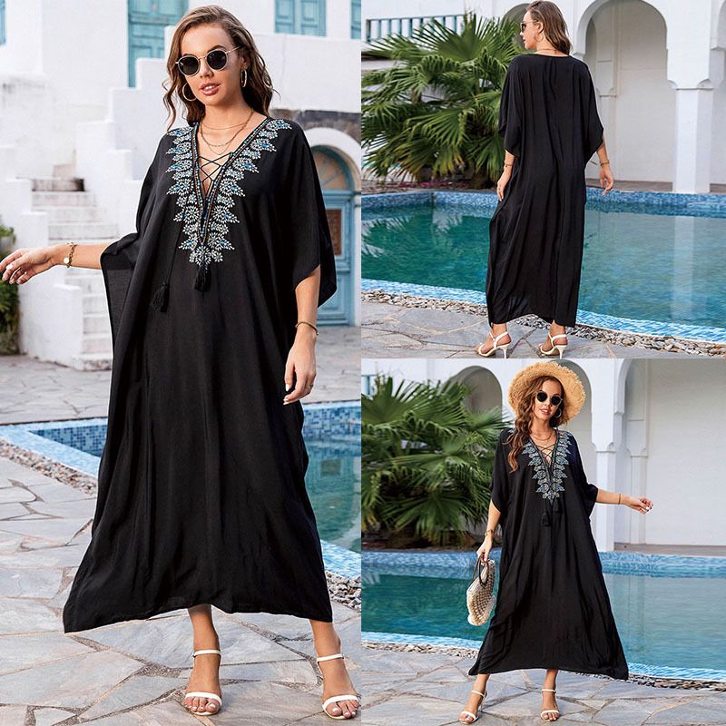 Roupas femininas elegantes, pretas, bordadas, de algodão, maxi saída de praia leve, túnica para mulheres, vestido de verão boho chique, robe longo e arejado com caimento solto_voghion.com