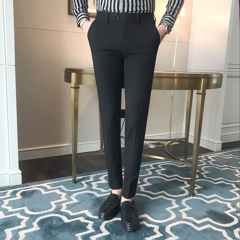 Pantalon d'été slim pour homme, respirant et infroissable, coupe droite, style décontracté pour le bureau (noir/gris/bleu marine)_voghion.com