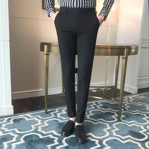 Pantalon d'été slim pour homme, respirant et infroissable, coupe droite, style décontracté pour le bureau (noir/gris/bleu marine)_voghion.com