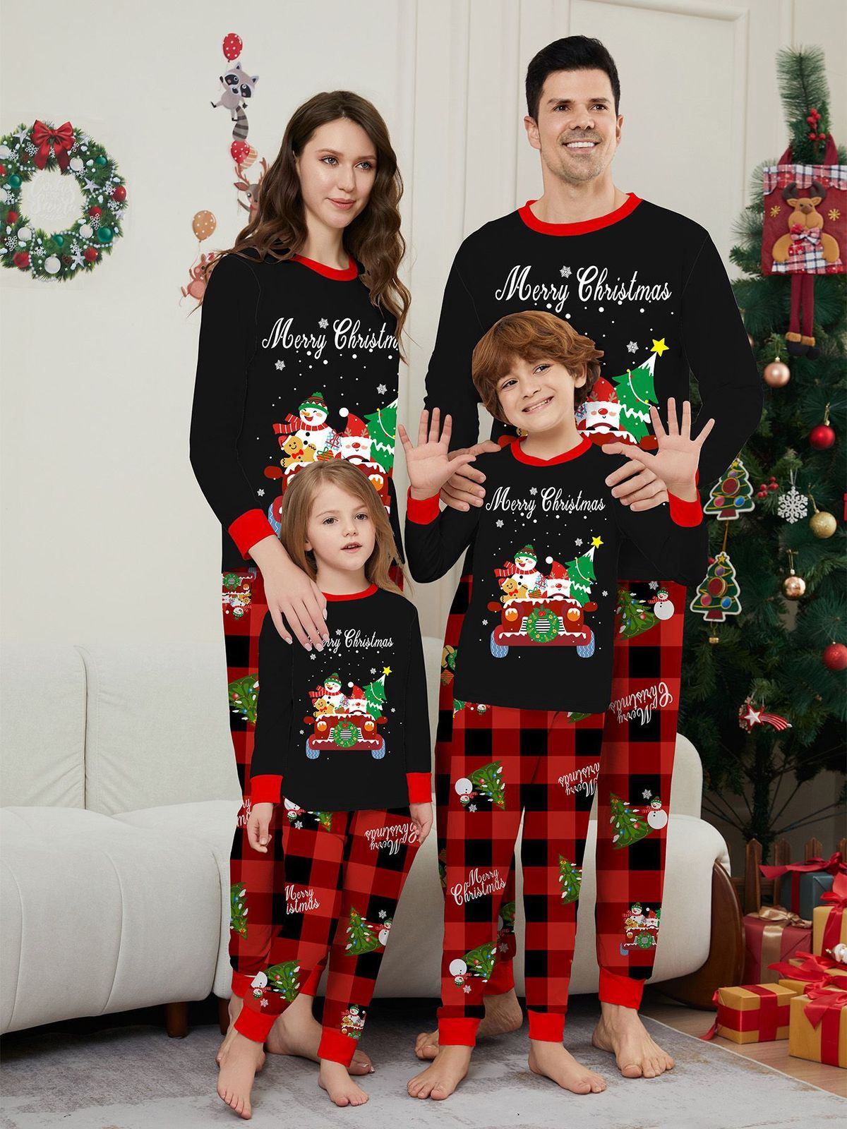 jul Børnetøj tøj voksen familie tøj bil snemand juletræ print hjemmetøj pyjamas_voghion.com