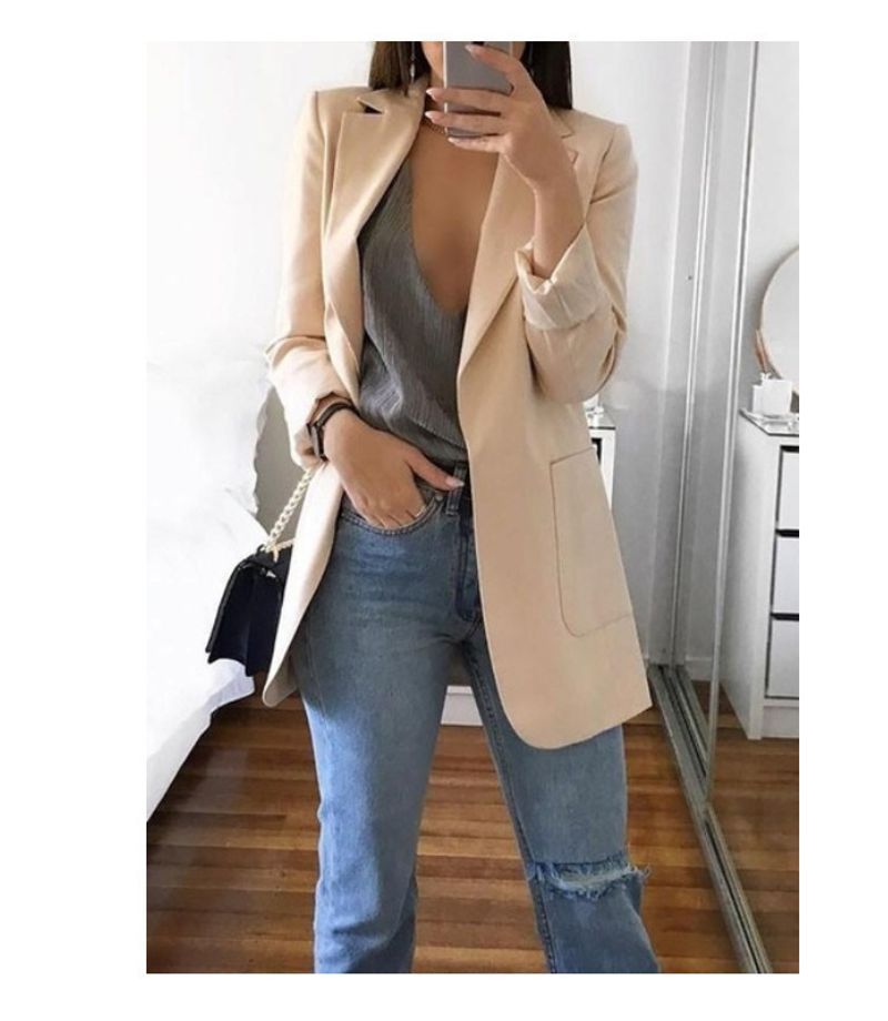 Damenmode, lässiger Anzug, Revers, schmale Anzugjacke im Cardigan-Stil_voghion.com