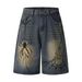 Men's Clothing Painted Spider Denim Shorts Loose Retro Distressed Blue Straight Shorts_voghion.com