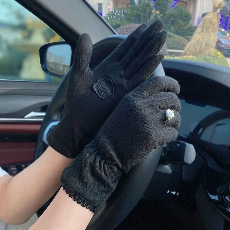 Gants fins pour femme, écran tactile, conduite estivale, antidérapants, protection UV, coton froissé_voghion.com