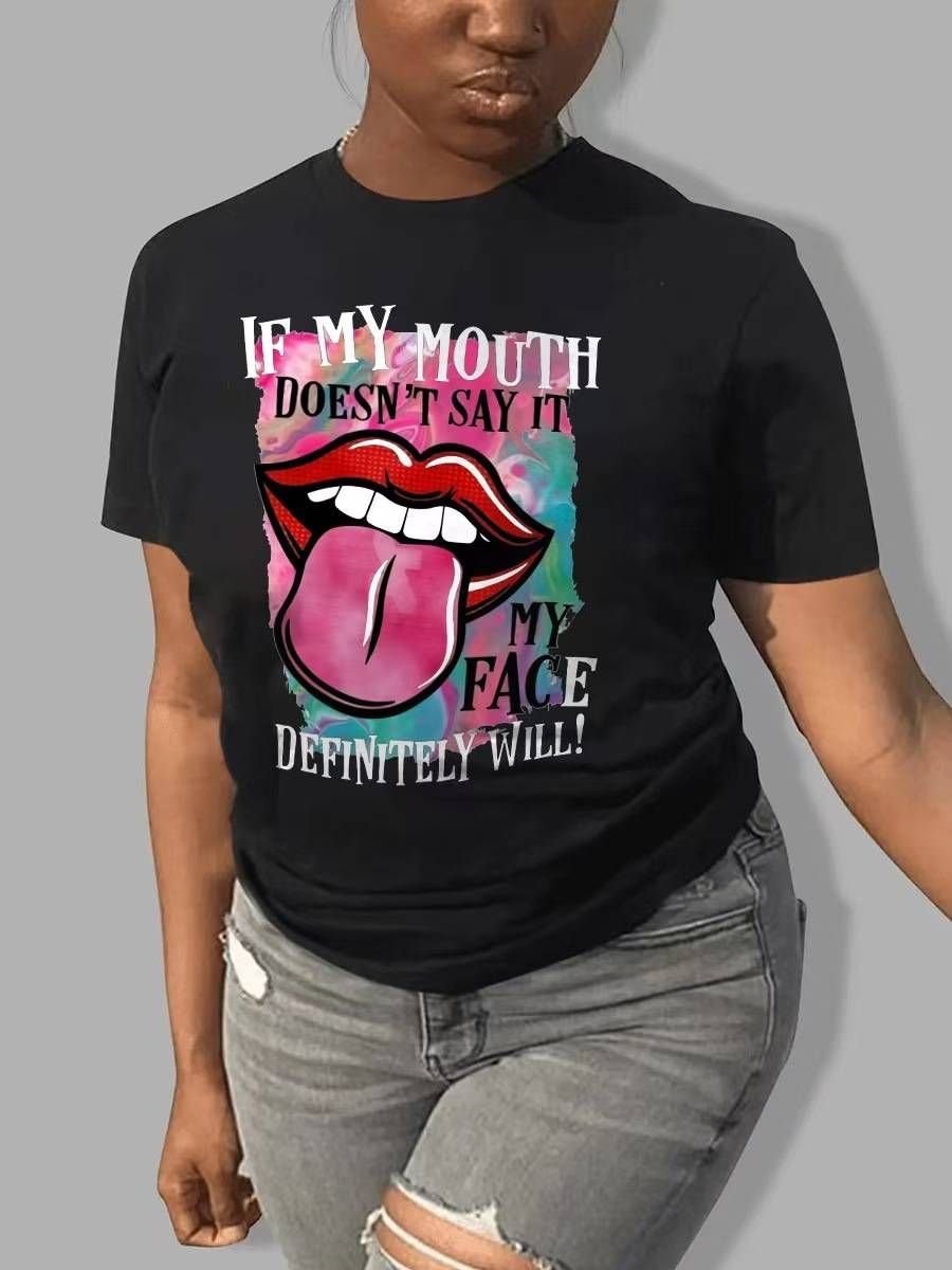 T-shirt à manches courtes avec slogan et lèvres imprimés grande taille, t-shirt décontracté extensible moyen pour femmes_voghion.com