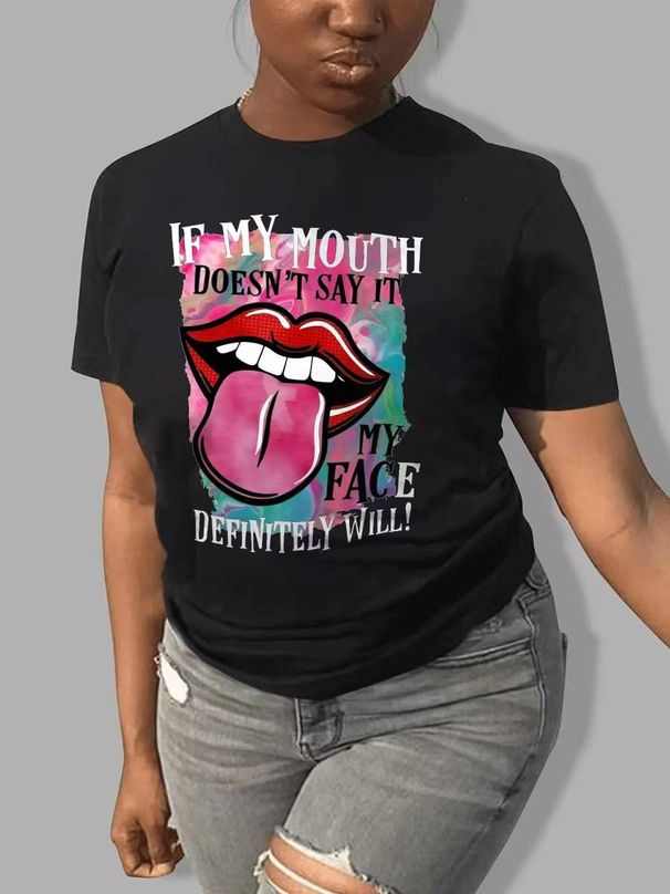 T-shirt à manches courtes avec slogan et lèvres imprimés grande taille, t-shirt décontracté extensible moyen pour femmes_voghion.com