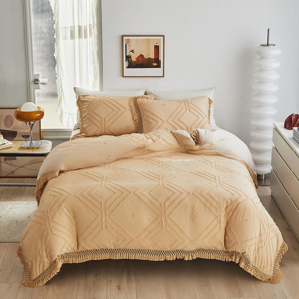 Bastelstil Einfarweg Schnëtt Quadratwellen Quasten Spitze Quilt-Set Dräi Sets Vollgréisst_voghion.com
