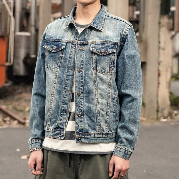 Herrenbekleidung Jeansjacke Mantel Herren gewaschene Arbeitskleidung Herren dunkelblaue Jungen Denim-Kleidung_voghion.com