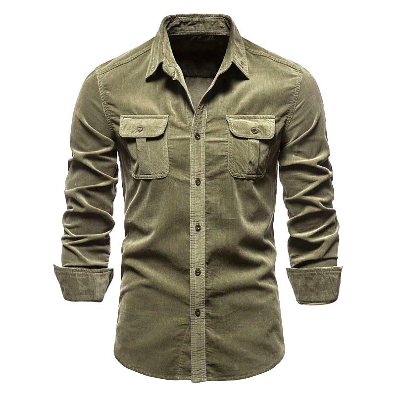 Men's Business Cord Thick Blouse Shirts Autumn Winter Turn Down Collar Long Sleeve Button Pocket Slim Workwear Tops_voghion.com