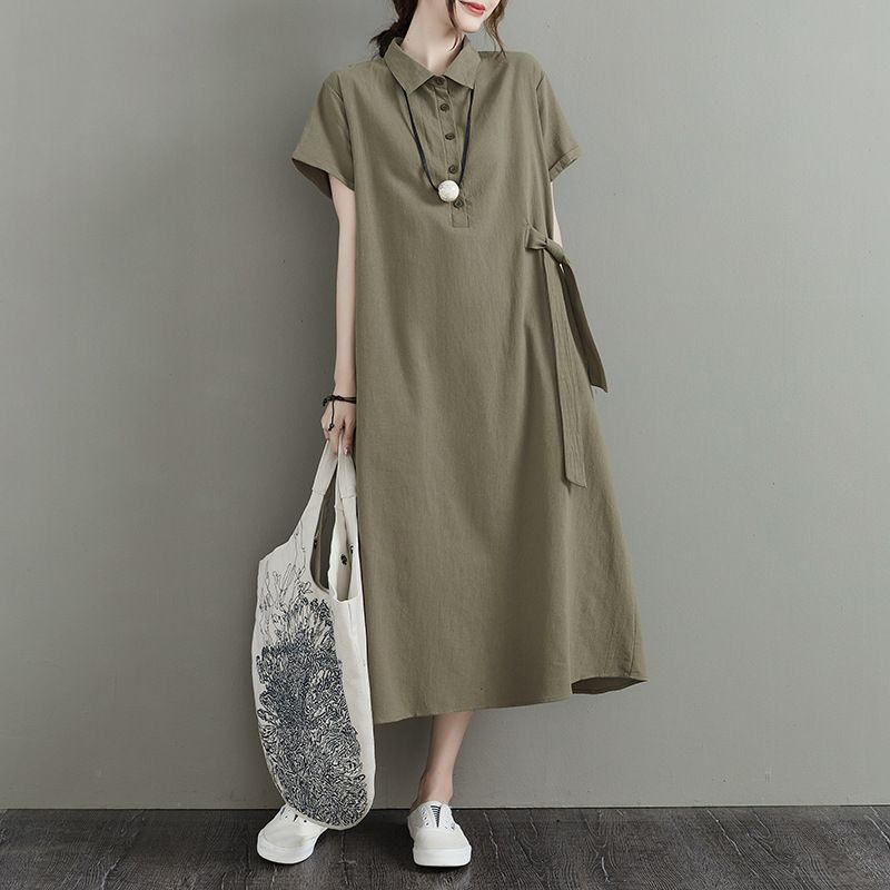 Lässiges Leinenkleid mit kurzen Ärmeln und Tasche für Damen – Atmungsaktives Midikleid in A-Linie für Büro und Alltag – Übergröße erhältlich_voghion.com