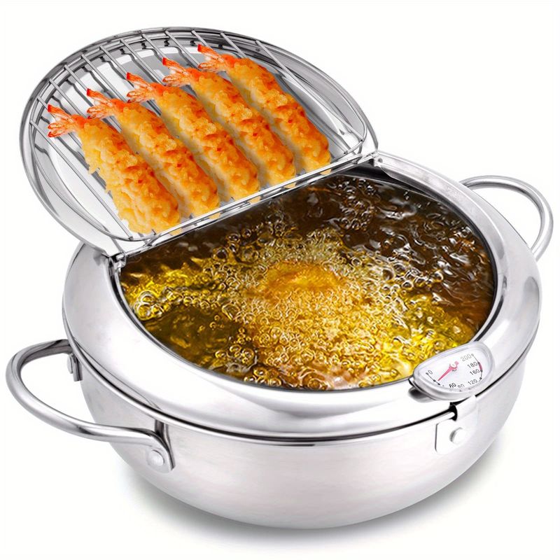 1 Stück, Fritteusentopf mit Thermometer (7,87 Zoll), Tempura-Frittiertopf im Janpanese-Stil aus Edelstahl mit Ölabtropfgestell, Küchenutensilien_voghion.com