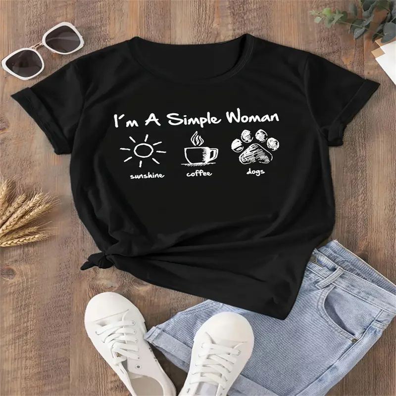Olen lihtne naine kirjadega päikesepaiste kohvi koera mustriga T-särk Fun Cute Retro Naiste T-särk Mood Casual Summer Top._voghion.com