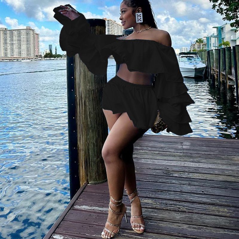 Fashion Ruffled Sexy Top Mini Skirt Two-piece Set_voghion.com