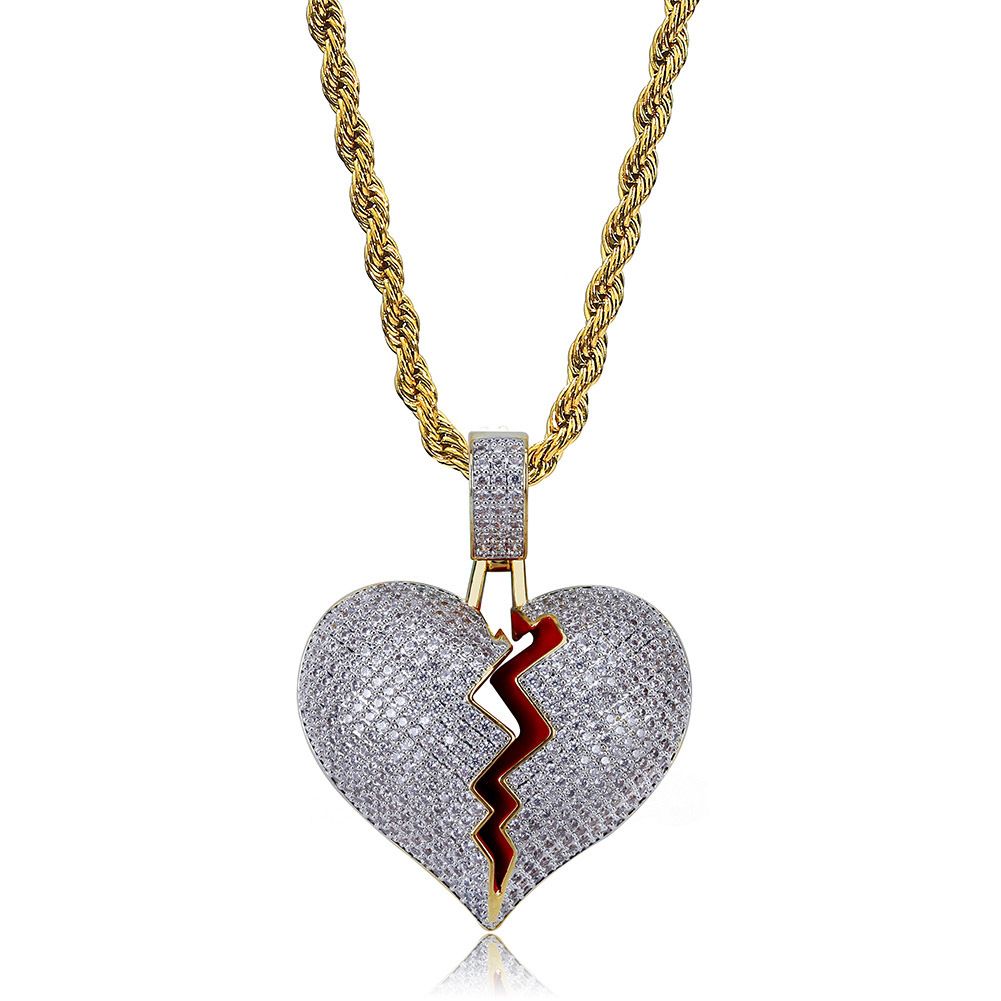 Men's Jewelry Personality Hot Style Broken Heart Shape Broken Heart Male And Female Couple Pendant Full Zircon Hip Hop Necklace_voghion.com