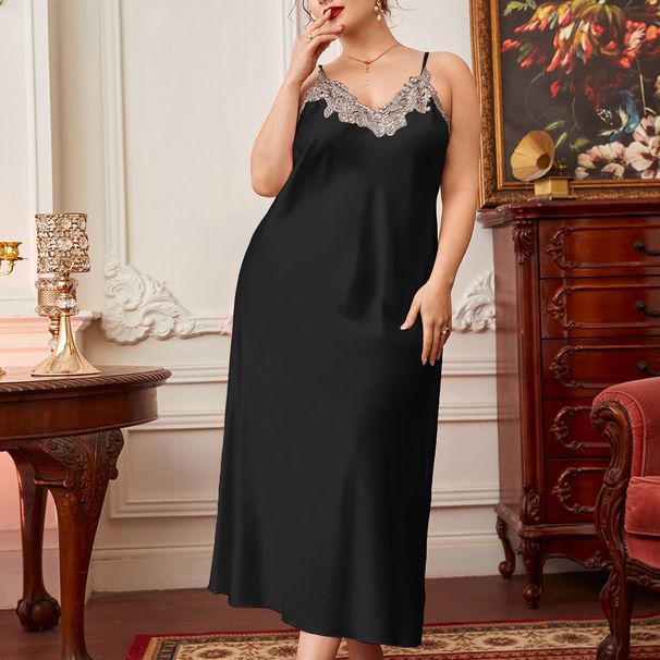Plus size pajamas suspender skirt spring and summer thin fashion lace nightgown long artificial silk casual home wear_voghion.com