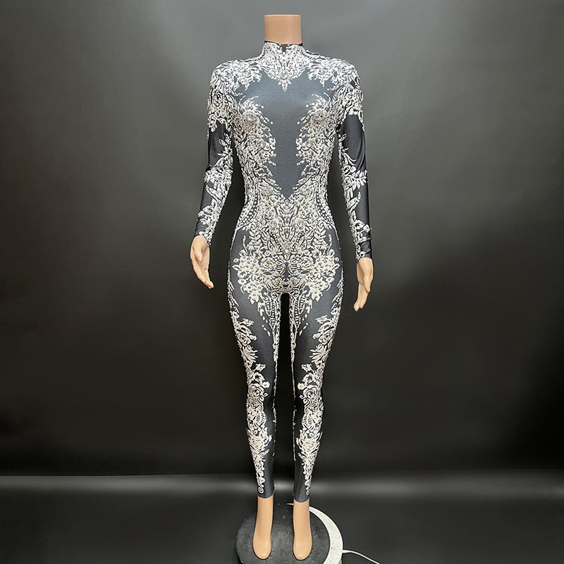 Nuo Fan Si   Jin patterned long sleeved slim fit round zippered high elastic backless hanging neck sexy jumpsuit_voghion.com
