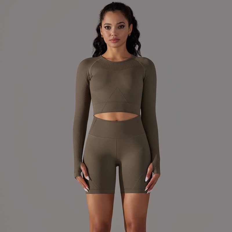 Vêtements pour femmes, tricot sans couture, couleur unie, manches longues, pantalon trois-quarts, tenue de sport, course, fitness, yoga, ensemble deux pièces pour femmes_voghion.com