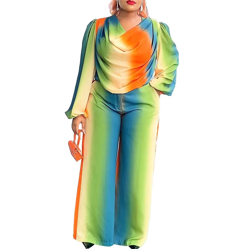 Damenbekleidung Bedruckter Hosenanzug mit Swing-Kragen und weitem Bein_voghion.com