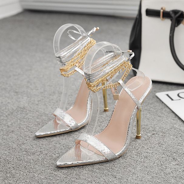 Women's Shoes Cross Straps Metal Chain Pointed Electroplated Heels Large Size Women's Shoes High Heel Sandals_voghion.com