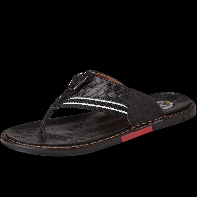 Sommermode Lässige Sandalen Strandschuhe aus Leder, rutschfeste und trendige Hausschuhe zum Anklipsen für Herren, Hausschuhe mit Fischgrätenmuster_voghion.com